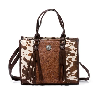 Thumbnail 1: Sage and Saddle  Cow Print Tooled Box Tote with Fringe Detail 