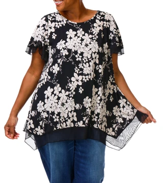 Thumbnail 2: AMANA Women's Plus Embossed Floral Print Chiffon Hem Top 