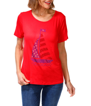 Thumbnail 1: ILU Women's Americana Rhinestone Sailboat Flag Tee 