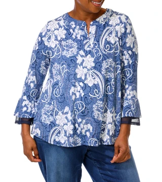 Thumbnail 6: AMANA Women's Plus Embossed Print Bell Sleeve Chiffon Hem Top 