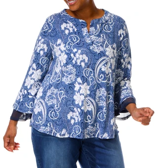 Thumbnail 1: AMANA Women's Plus Embossed Print Bell Sleeve Chiffon Hem Top 