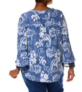 Thumbnail 8: AMANA Women's Plus Embossed Print Bell Sleeve Chiffon Hem Top 