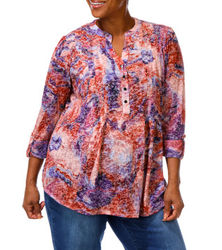 Thumbnail 1: Kate Park Women's Plus Studded Print Roll Tab Sleeve V-Neck Top 