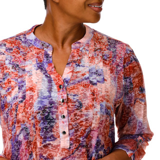 Thumbnail 4: Kate Park Women's Plus Studded Print Roll Tab Sleeve V-Neck Top 