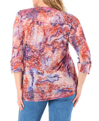 Thumbnail 6: Kate Park Women's Plus Studded Print Roll Tab Sleeve V-Neck Top 