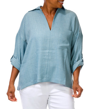 Thumbnail 1: MAX STUDIO Women's Plus V-Neck 1 Pocket Roll Tab Sleeve Top 