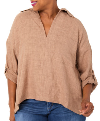 Thumbnail 1: MAX STUDIO Women's Plus V-Neck 1 Pocket Roll Tab Sleeve Top 