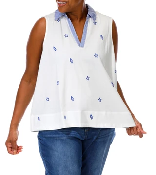 Thumbnail 1: Philosophy Women's Plus Embroidered Shells & Stripes V-Neck Top 