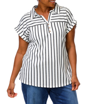 Thumbnail 1: Cure Women's Plus Striped V-Neck Cuffed Sleeve Top 
