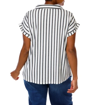 Thumbnail 5: Cure Women's Plus Striped V-Neck Cuffed Sleeve Top 