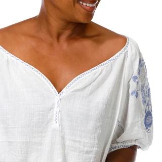 Thumbnail 4: MAX STUDIO Women's Plus Embroidered Puffy Sleeve Peasant Top 