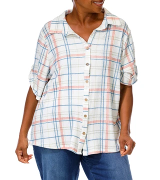 Thumbnail 1: Cure Women's Plus Button Down Tab Sleeve Top 