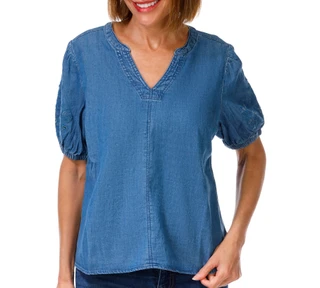 Thumbnail 1: Coral Bay Petite Short Sleeve Denim Split Neck Top 
