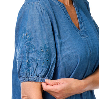 Thumbnail 3: Coral Bay Petite Short Sleeve Denim Split Neck Top 