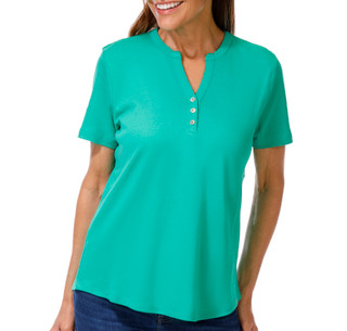 Thumbnail 1: Coral Bay Women's Petite Solid Short Sleeve Henley Top 