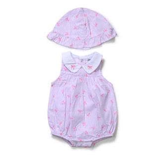 Thumbnail 1: Baby Essentials Baby Girl's 2 Pc Bow Stripe Romper and Sun Hat 