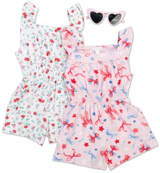 Thumbnail 1: Btween Toddler Girls 2 Pk American & Floral Rompers with Sunglasses 
