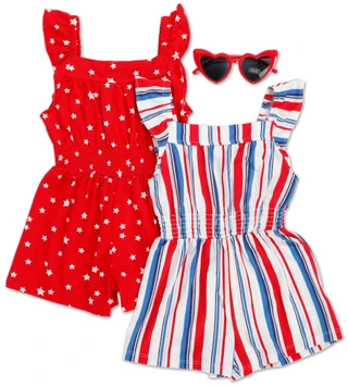 Thumbnail 1: Btween Toddler Girls 2 Pk Ameri Star/Stripe Rompers with Sunglasses 