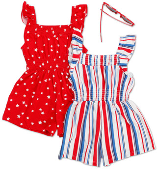 Thumbnail 2: Btween Toddler Girls 2 Pk Ameri Star/Stripe Rompers with Sunglasses 