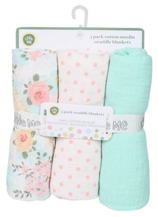 Thumbnail 1: Little Me 3 Pk Cotton Muslin Swaddle Blankets 