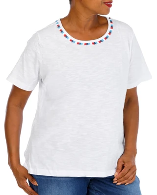 Thumbnail 1: Coral Bay Plus Short Sleeve Embroidered Neck Top 