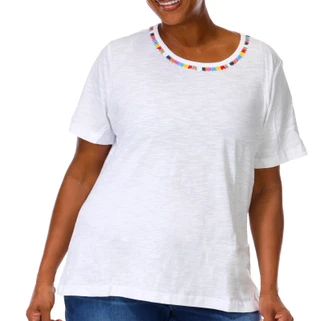 Thumbnail 2: Coral Bay Plus Short Sleeve Embroidered Neck Top 
