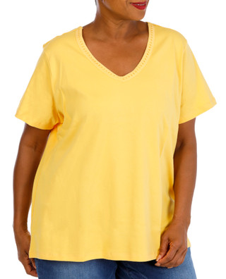Thumbnail 1: Coral Bay Plus Short Sleeve Crochet Trim V-Neck Top 