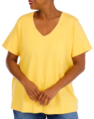Thumbnail 4: Coral Bay Plus Short Sleeve Crochet Trim V-Neck Top 