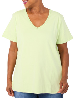 Thumbnail 1: Coral Bay Plus Short Sleeve Crochet Trim V-Neck Top 