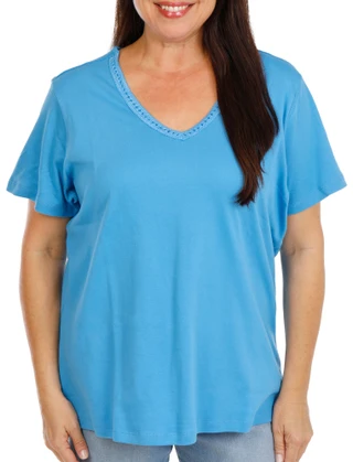 Thumbnail 1: Coral Bay Plus Short Sleeve Crochet Trim V-Neck Top 