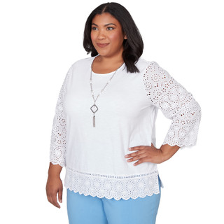 Thumbnail 3: Alfred Dunner Women's Plus Eyelet Trim Top With Necklace 