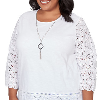 Thumbnail 5: Alfred Dunner Women's Plus Eyelet Trim Top With Necklace 