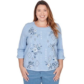 Thumbnail 1: Alfred Dunner Plus 3Q Sleeve Floral Diamond Embroidered Knit Top 
