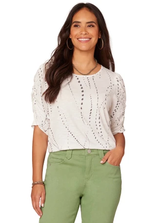 Thumbnail 1: Democracy Petite Elbow Ruched Sleeve Print Top 