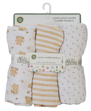Thumbnail 1: Little Me 3 Pk Cotton Muslin Swaddle Blankets 