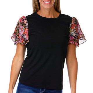 Thumbnail 1: Cece Women's Flutter Sleeve Mixed Media Top 