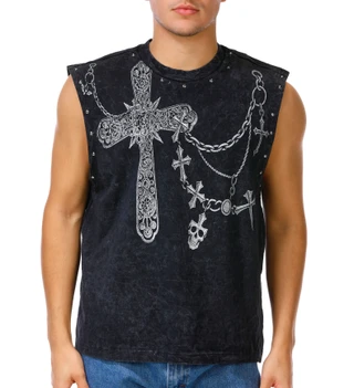 Thumbnail 1: Rebel Vengeance Men's Vintage Black Cross Studded Muscle Tee 