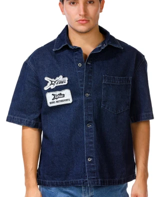 Thumbnail 2: Rebel Vengeance Men's Rebel Skeleton Short Sleeve Graphic Denim Shirt 