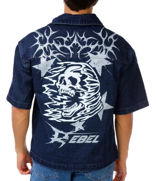 Thumbnail 1: Rebel Vengeance Men's Rebel Skeleton Short Sleeve Graphic Denim Shirt 