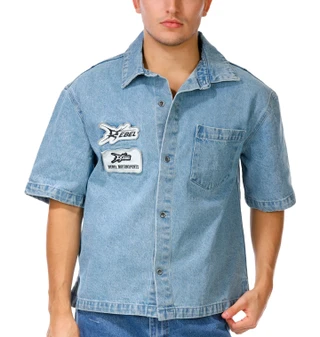 Thumbnail 2: Rebel Vengeance Men's Rebel Skeleton Short Sleeve Graphic Denim Shirt 