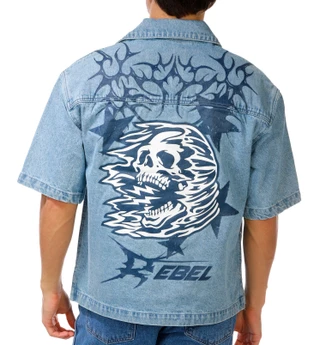 Thumbnail 1: Rebel Vengeance Men's Rebel Skeleton Short Sleeve Graphic Denim Shirt 