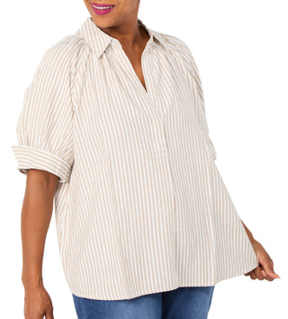 Thumbnail 1: MAX STUDIO Plus Short Sleeve Striped Button Top 