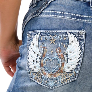 Thumbnail 3: Evolve Denim Juniors Angel Wings Bling Back Denim Shorts 