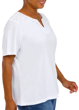 Thumbnail 4: Coral Bay Women's Plus Split Neckline Rhinestone Short Sleeve Top 