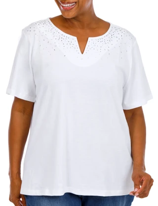 Thumbnail 1: Coral Bay Women's Plus Split Neckline Rhinestone Short Sleeve Top 