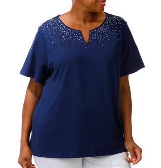 Thumbnail 1: Coral Bay Plus Split Neckline Rhinestone Short Sleeve Top 