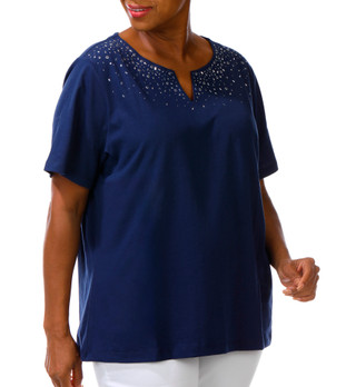 Thumbnail 5: Coral Bay Plus Split Neckline Rhinestone Short Sleeve Top 