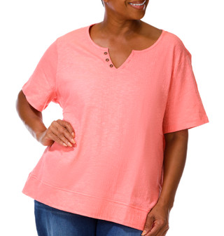 Thumbnail 1: Coral Bay Women's Plus Scoop Split Neckline Short Sleeve Top 