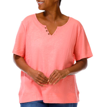 Thumbnail 4: Coral Bay Women's Plus Scoop Split Neckline Short Sleeve Top 