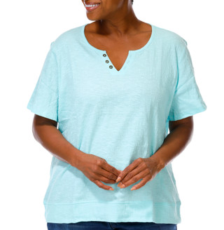 Thumbnail 1: Coral Bay Women's Plus Scoop Split Neckline Short Sleeve Top 